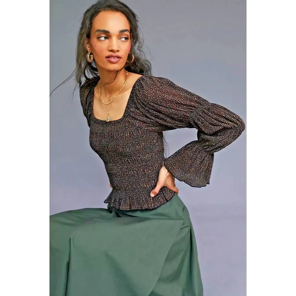 Anthropologie Bishop Smocked Metallic Shimmer Bell Sleeve Cropped Blouse Brown M